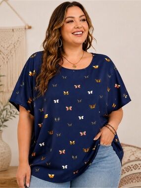 Women Plus 3X Butterfly Blue Feminine Top Silky Boho Flowy Cottagecore Artsy